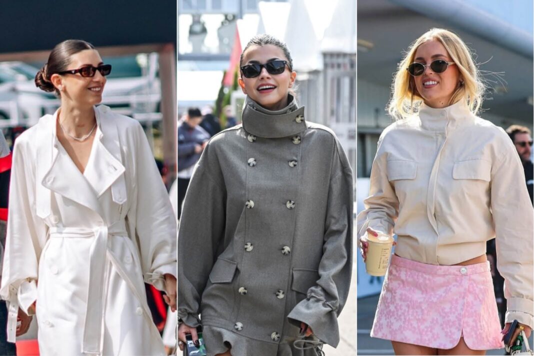 Grupo de acompañantes y figuras del espectáculo en las gradas del circuito de Suzuka durante el Gran Premio de Japón de Fórmula 1